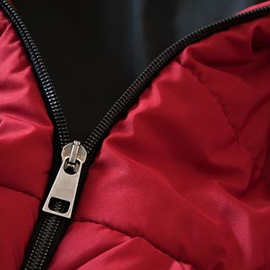 closeup of red partially unzipped down jacket