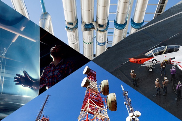 collage of images of pipes military plane cell tower and blown plastics