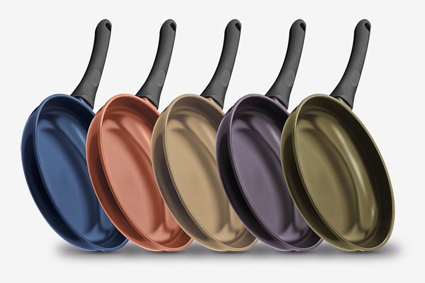 series of 5 different color teflon pans